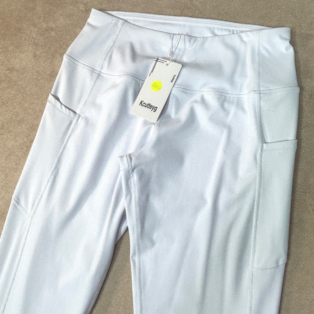Kcutteyg Women White High Waisted Athletic Leggings with Side Pockets Size L NWT